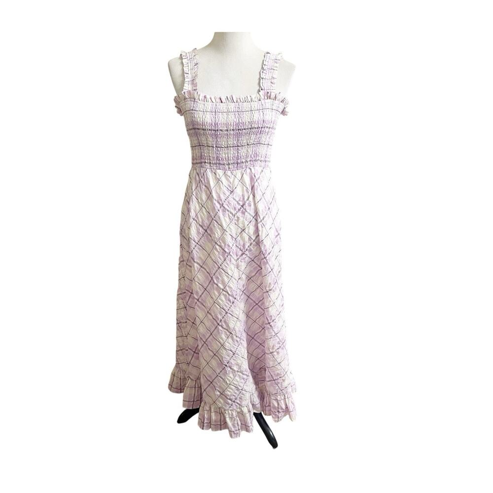 Boston Proper Dress Size Medium Womens Maxi Smocked Plaid Purple Cottagecore - Picture 2 of 12